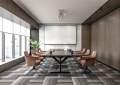 Modern Meeting Room Conference Table and Chair Chandelier Office Chair Projector Curtain Office Carpet 3d model