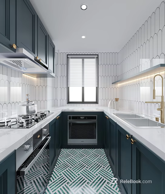 Elegant Modern Kitchen Interior With Dark Cabinets White Countertops Gold Hardware And Tiled Backsplash 3d model 