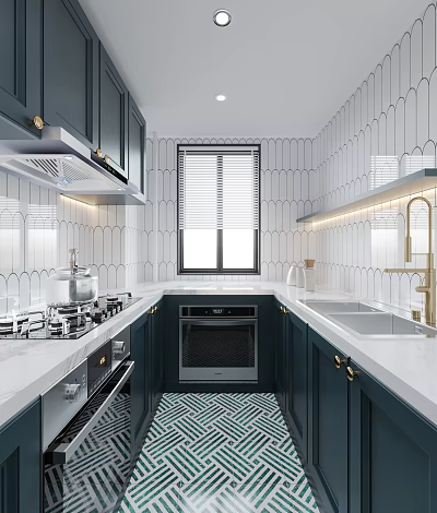 Elegant Modern Kitchen Interior With Dark Cabinets White Countertops Gold Hardware And Tiled Backsplash 3d model