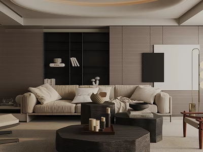 Modern Living Room Interior With Beige Sofa Dark Coffee Table And Wall Decor 3d model