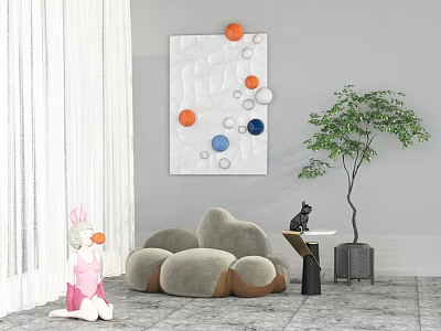 Gray Irregular Shaped Single Chair With Wall Art Orange Blue Dots And Green Plant 3d model