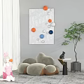Gray Irregular Shaped Single Chair With Wall Art Orange Blue Dots And Green Plant