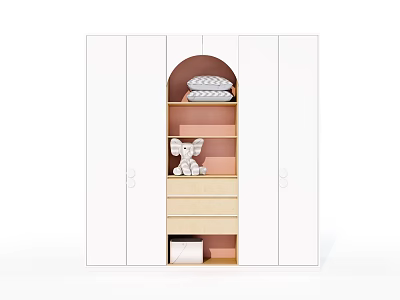 White Kids Wardrobe with Arched Open Shelves and Storage Drawers Featuring Elephant Doll and Pillow 3d model