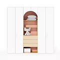 White Kids Wardrobe with Arched Open Shelves and Storage Drawers Featuring Elephant Doll and Pillow