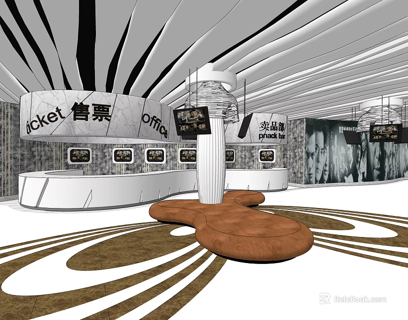 Modern Cinema Interior Design With Ticket Office Counter Movie Posters And Seating Area 3d model 