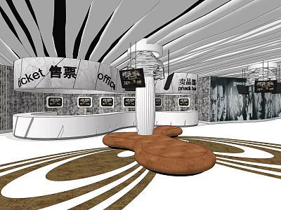 Modern Cinema Interior Design With Ticket Office Counter Movie Posters And Seating Area 3d model