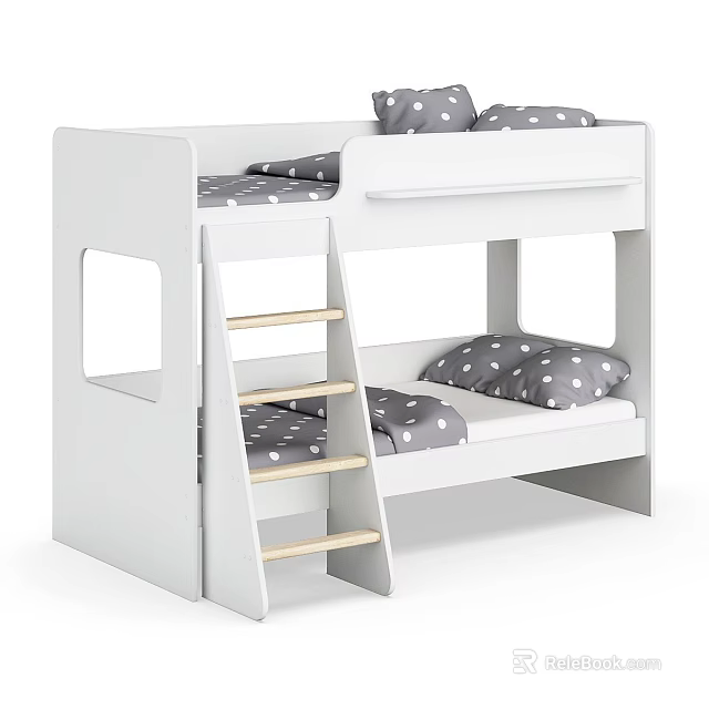 White Kids Bunk Bed with Wooden Ladder Gray Polka Dot Pillows and Mattress 3d model 