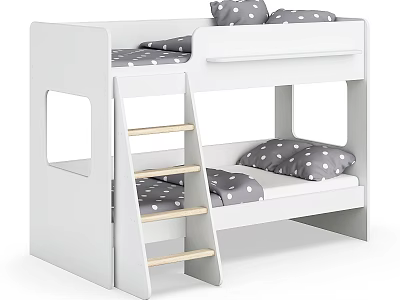 White Kids Bunk Bed with Wooden Ladder Gray Polka Dot Pillows and Mattress 3d model