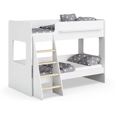 White Kids Bunk Bed with Wooden Ladder Gray Polka Dot Pillows and Mattress 3d model