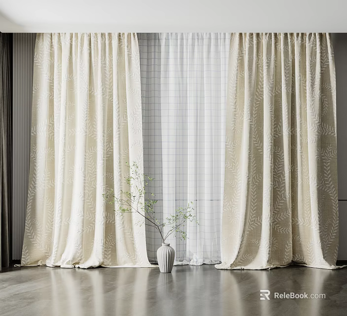Beige Leaf Pattern Curtains With Sheer Grid Design And Vase Plant In Interior Setting 3d model