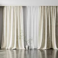Beige Leaf Pattern Curtains With Sheer Grid Design And Vase Plant In Interior Setting 3d model