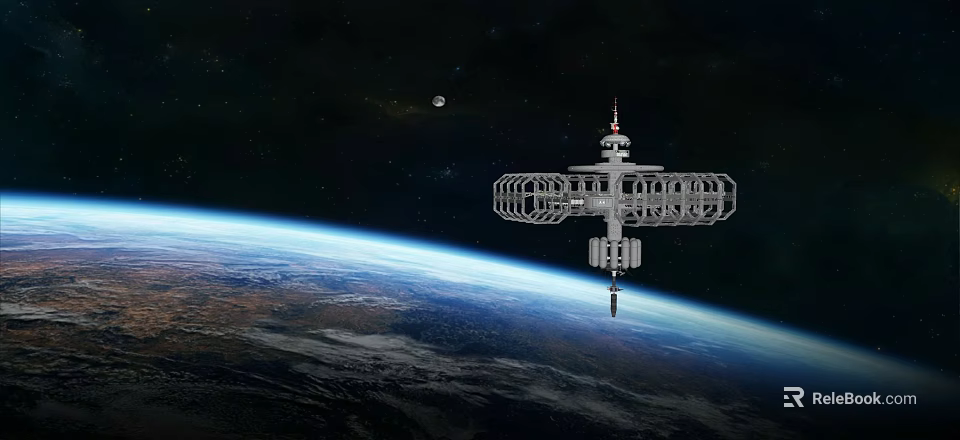 Space Station Orbiting Earth with Moon in Starry Outer Space Background 3d model
