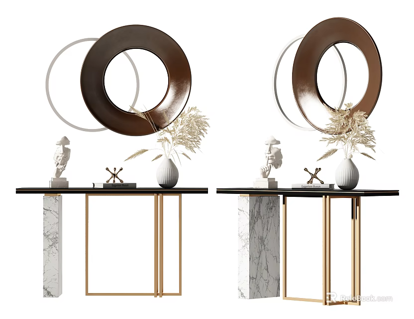 Elegant Console Table With Marble Top Golden Legs And Circular Mirrors Decor 3d model