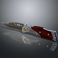 Tactical Knife With Red Wooden Handle Serrated Metal Blade And Decorative Accents On Reflective Surface