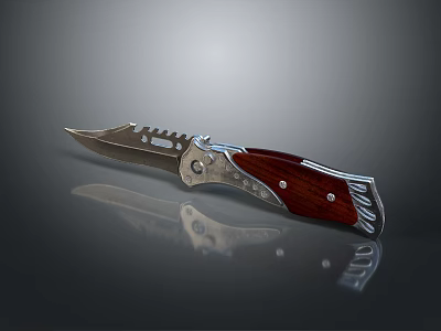 Tactical Knife With Red Wooden Handle Serrated Metal Blade And Decorative Accents On Reflective Surface 3d model