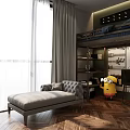 Modern Study Room Interior Design With Vertical Striped Wallpaper Round Clock White Furniture Herringbone Floor