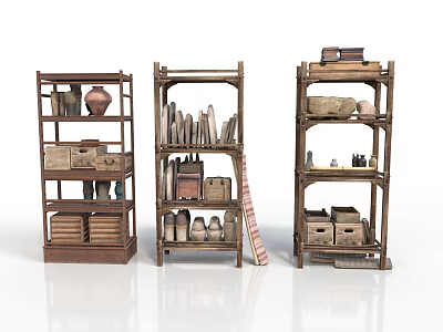 Vintage Wooden Shelves Displaying Clay Pots Books Boxes And Shoes Collection 3d model
