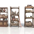 Vintage Wooden Shelves Displaying Clay Pots Books Boxes And Shoes Collection