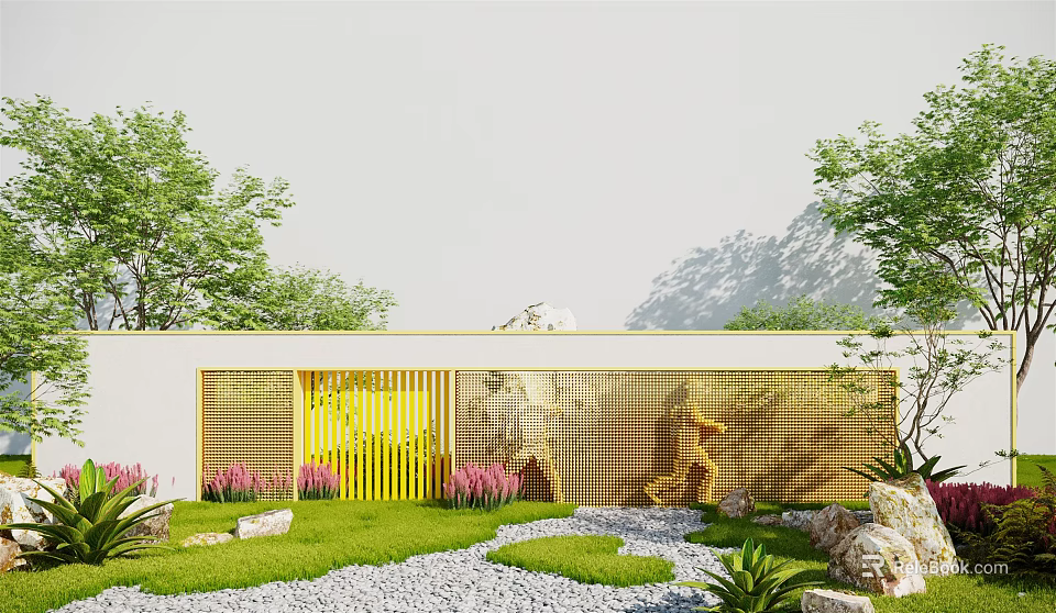 Modern Scenic Wall With Yellow Lattice Design And Green Plants Stones Gravel Path Lawn 3d model 