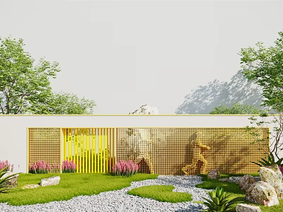 Modern Scenic Wall With Yellow Lattice Design And Green Plants Stones Gravel Path Lawn 3d model