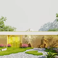 Modern Scenic Wall With Yellow Lattice Design And Green Plants Stones Gravel Path Lawn