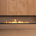 Modern Living Room Fireplace With Wooden Cabinets And Burning Flames