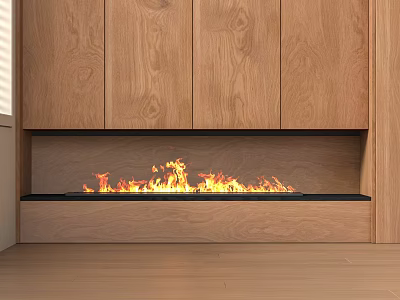 Modern Living Room Fireplace With Wooden Cabinets And Burning Flames 3d model