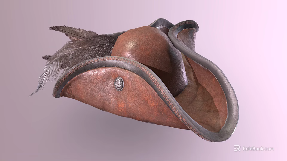 Vintage Brown Leather Hat With Gray Trim Feather And Metal Badge 3d model 