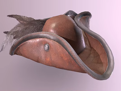 Vintage Brown Leather Hat With Gray Trim Feather And Metal Badge 3d model
