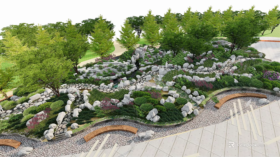 Park Landscape Featuring Green Trees Rocks Curved Path And Lush Plants 3d model 