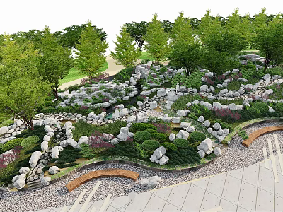 Park Landscape Featuring Green Trees Rocks Curved Path And Lush Plants 3d model
