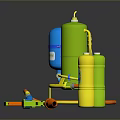 Tactical Weapon Sprayer Equipment With Green Blue Cans And Yellow Ammunition Bottles