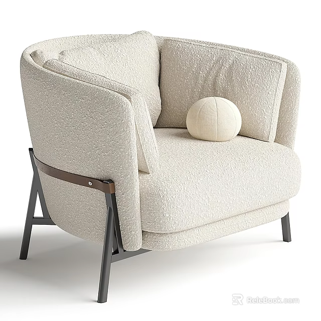 Modern Plush Beige Fabric Lounge Chair With Metal Legs And Round Pillow 3d model 