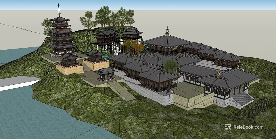 Ancient Architecture Complex With Traditional Pavilions Towers And Waterfront Gardens 3d model 