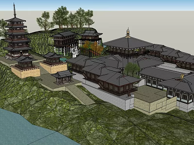Ancient Architecture Complex With Traditional Pavilions Towers And Waterfront Gardens 3d model