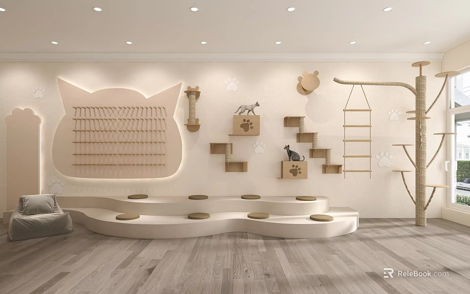 Modern Cat Playroom Interior With Scratching Posts Steps Cat Tree And Cozy Beds 3d model 
