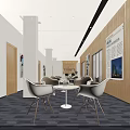 Modern Lounge Area With White Chairs Round Table Wooden Walls Shelves And Carpet