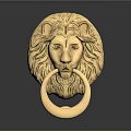 Ornate Golden Lion Head Shaped Door Handle With Circular Ring Knocker Design 3d model