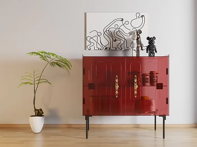Red Sideboard With Geometric Design And Sculpture Artwork Near Green Plant 3d model