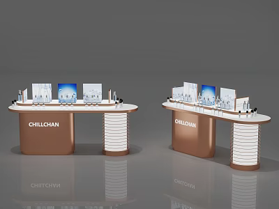 CHELLOHA Modern Curved Exhibition Counters With Brown White Design And Screens Products 3d model
