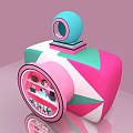 Fashionable Circular Display Shelf With Pink Green White Design And Cameras Books Cosmetics
