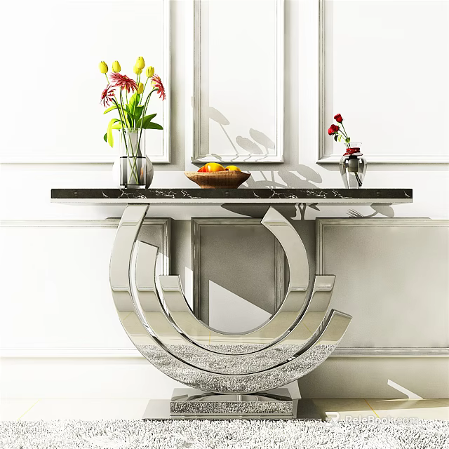 Modern Console Table With Black Marble Top Silver Circular Base Flower Vase And Fruit Bowl 3d model 