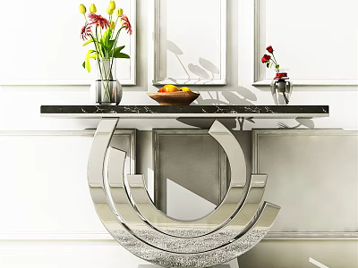 Modern Console Table With Black Marble Top Silver Circular Base Flower Vase And Fruit Bowl 3d model