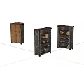 Three Vintage Decorative Cabinets with Intricate Carvings and Shelves for Display Items