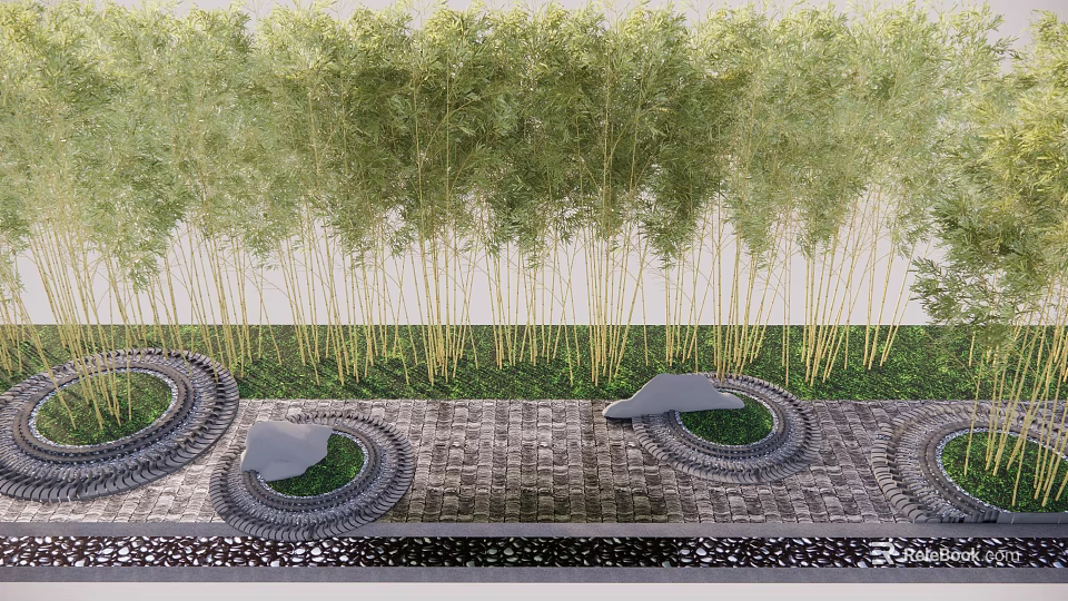 Tree Pits Surrounded By Bamboo On Paved Ground With Decorative Stones 3d model