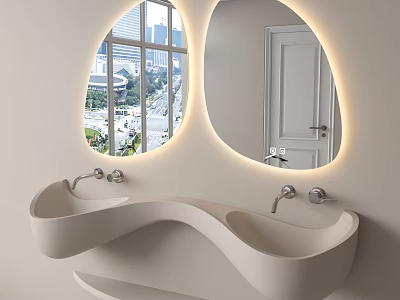 Elegant Modern Curved Washbasin With Double Bowl Backlit Mirrors And Window View 3d model