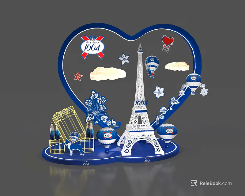 Heart Shaped Commercial Display Equipment with Eiffel Tower Kitea Logo Balloons Stars Clouds and Snowflakes 3d model 