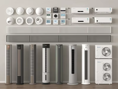 Various Types of Air Conditioners and Fans Including Wall Mounted and Floor Standing Models 3d model