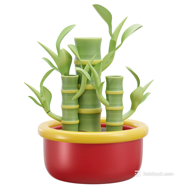 Green Bamboo Plants with Stems and Leaves in Red Pot with Yellow Rim 3d model 