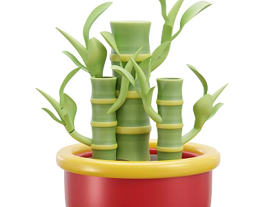 Green Bamboo Plants with Stems and Leaves in Red Pot with Yellow Rim 3d model